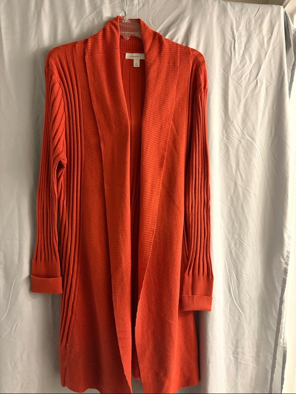 Dress Barn Open-Front Long Cardigan in Bright Orange